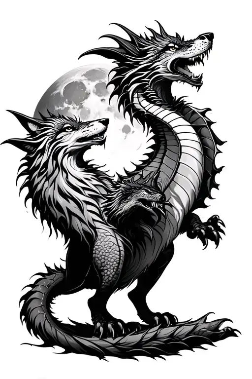 Dragon And Wolf Howling At The Moon