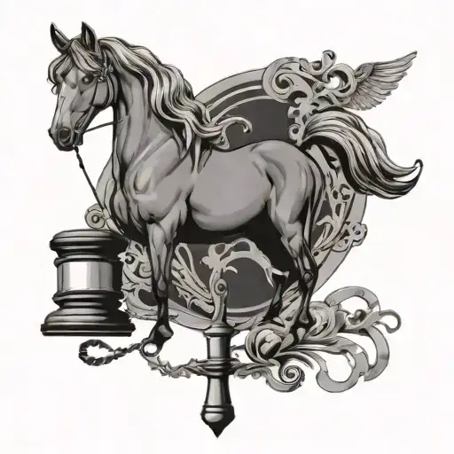 A Horse And A Lawyer's Gavel Intertwined In A Black-grey Design