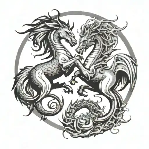 Black Unicorn And White Dragon Fighting In Ying Yang Style