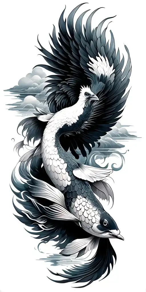 Asian Phoenix And Koi Fish Intertwined With Clouds And Water In Background