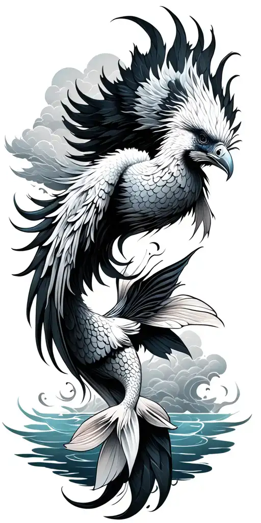 Asian Phoenix And Koi Fish With Clouds And Water In Background