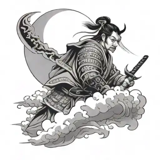 Samurai Over A Half Moon With Clouds Surrounding