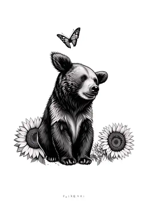 Bear Sunflowers And Butterflies
