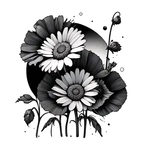 Daisies And Poppies With Sun And Moom