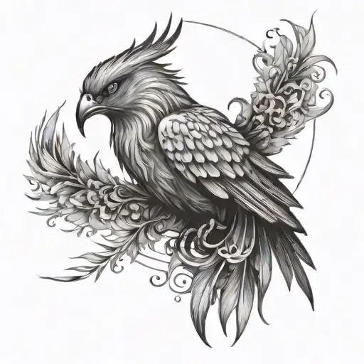 Fine Line Tattoo Of A Phoenix And A Cat