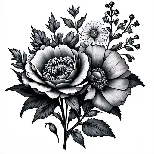 Line Art Flower Tattoo Of Two Carnations And One Delphinium Intertwined