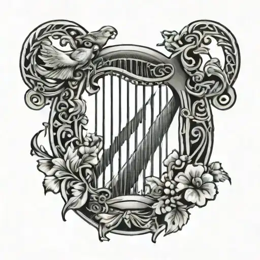 Harp And Birds With Shamrock Intertwined