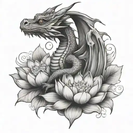 Cute Dragon Guarding Lotus Flower