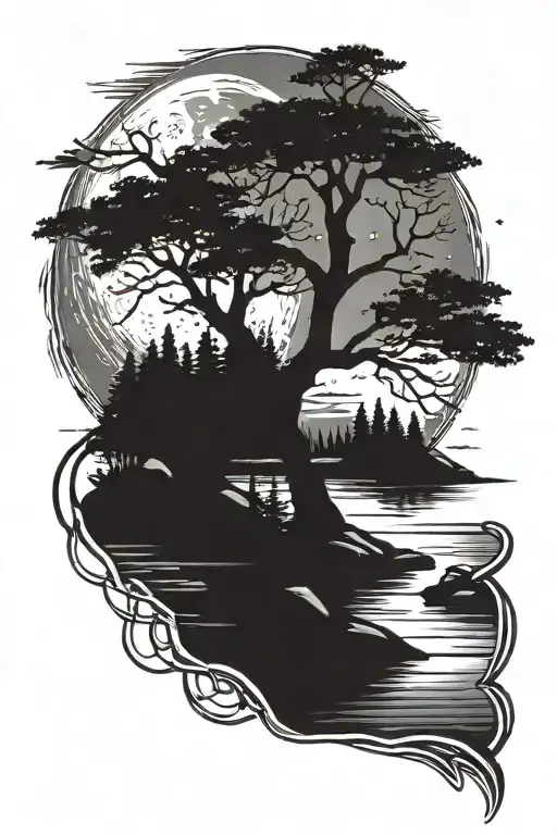 River With Rocks Trees And A Full Moon