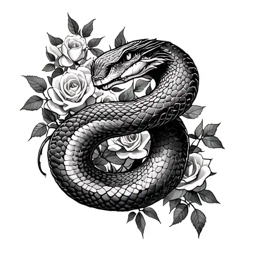 Big Snake Weaving Through Lost Of Roses And Thorns Vines