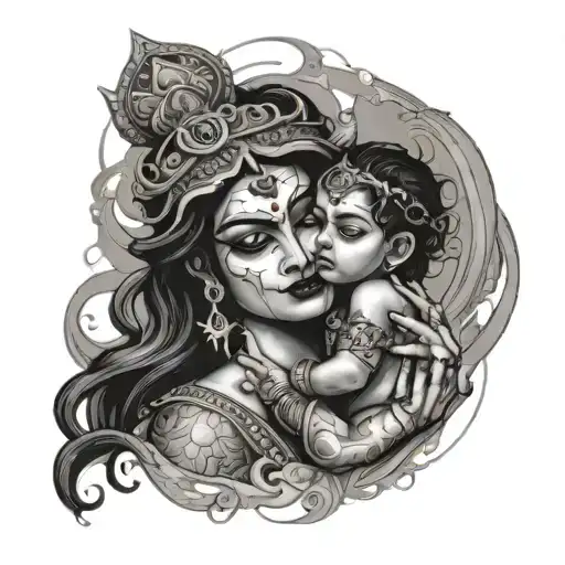 Goddess Kali Mother Embracing A Child In Middle Of Chaos And Destruction