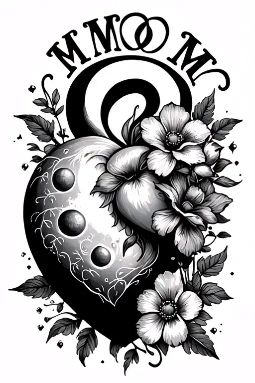 Detailed Heart With Detailed Moon With Flowers With Letters Mom