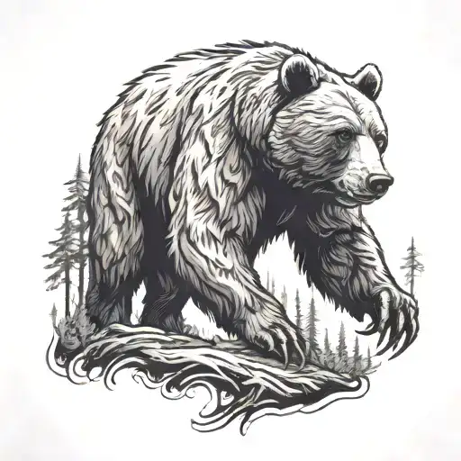 A Bear In A Rage Stands On Its Hind Legs In The Forest