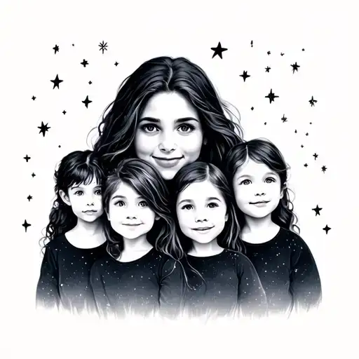 Mother With Four Children Looking At Stars