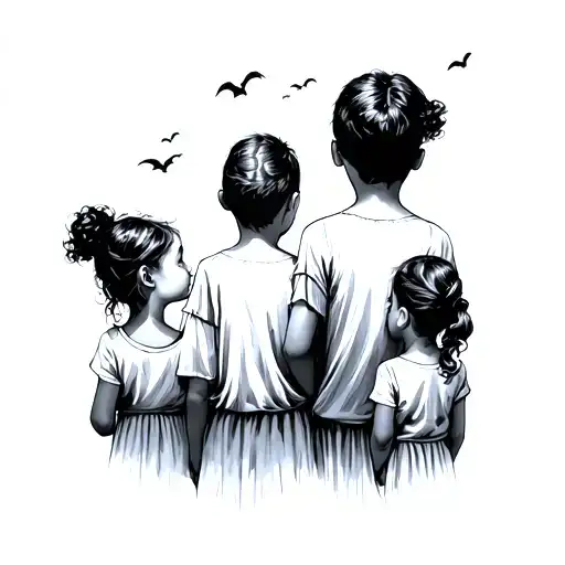 Back Side Of Mother And One Older Boy Child And Three Girl Children Looking At The Sky