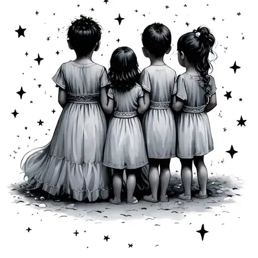 Back Side Of Mother And One Older Boy Child And Three Girl Children Looking At The Stars
