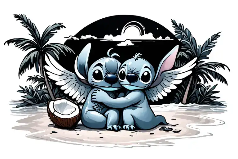 Stitch And Angel Hug Each Other On A Tropical Island With Coconut Drinks