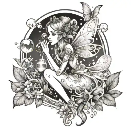 Whimsical Fairy Blowing Bubbles In A Fairy Garden Scene