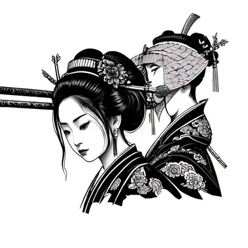 Samurai Warrior And Geisha