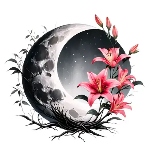 Moon With Tree Pink Red Lily Flowers Blooming