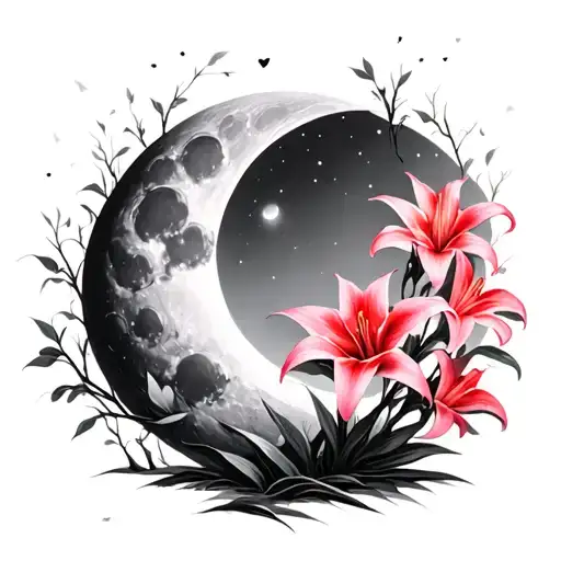 Moon With Tree Pink Red Lily Flowers Blooming