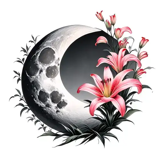 Moon With Tree Pink Red Lily Flowers Blooming