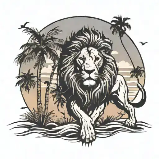 Lion Hunting And Palm Trees Colors Sunset