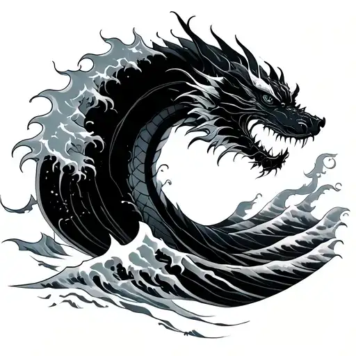 Japanese Wave With A Ghostly Dragon Silhouette