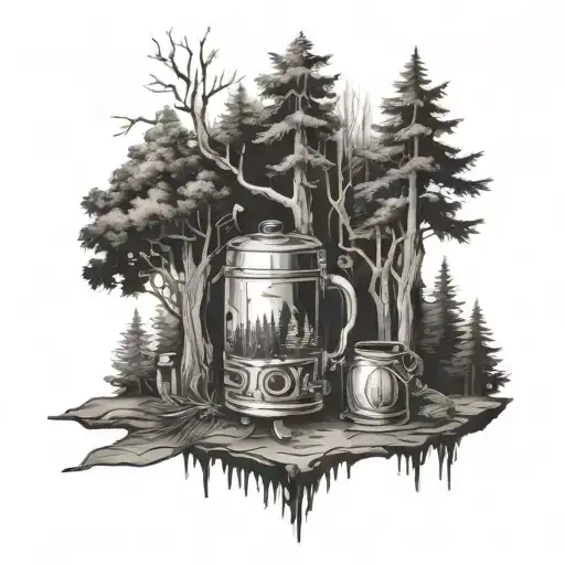 A Black-grey Tattoo Of A Forest Scene With Beer Brewing Equipment Hidden In The Trees