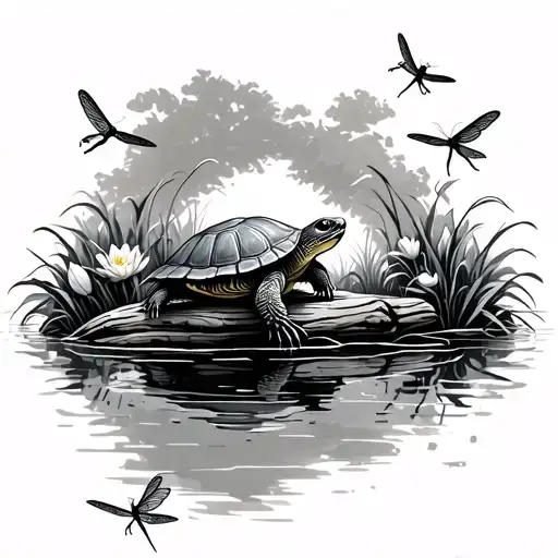 Realistic Turtle Sitting On A Log Watching Dragonflies Flying With Water Lilly Border