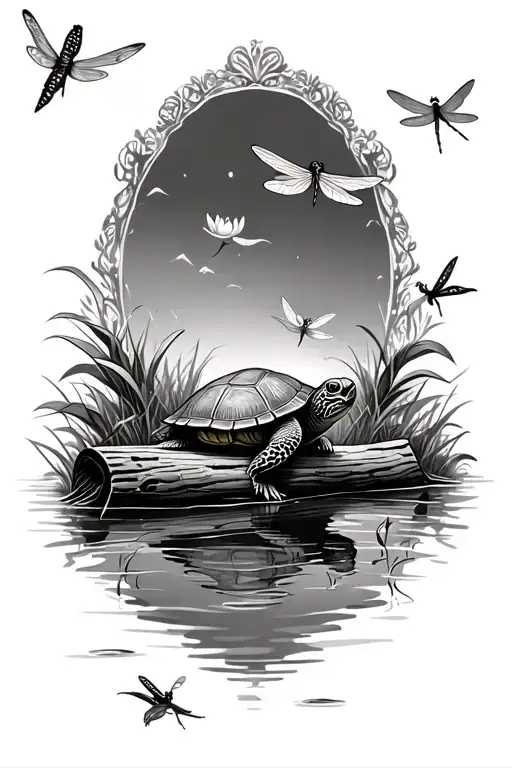 Realistic Turtle Sitting On A Log Watching Dragonflies Flying With Water Lilly Border