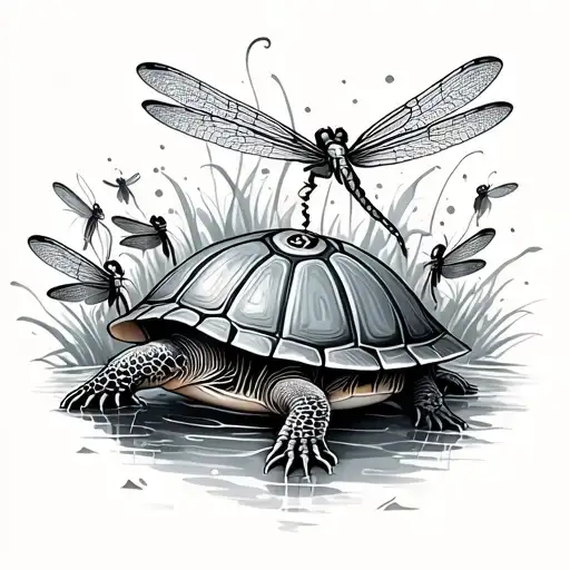 Turtle Surrounded By Dragonflies