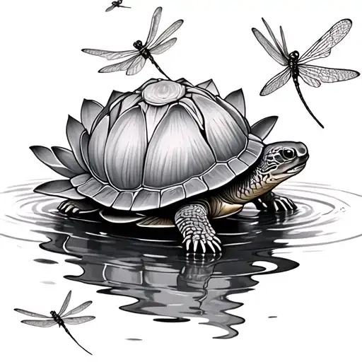 Turtle Surrounded By Dragonflies On Water Lily