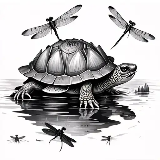 Turtle Surrounded By Dragonflies On Water Lily