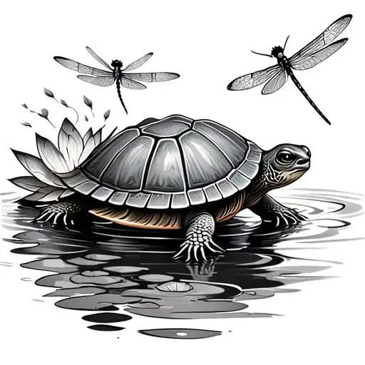 Turtle Surrounded By Dragonflies On Water Lily