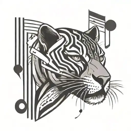 A Stylized Black Panther Surrounded By Musical Notes And Gemini Symbols In A Minimalist Design