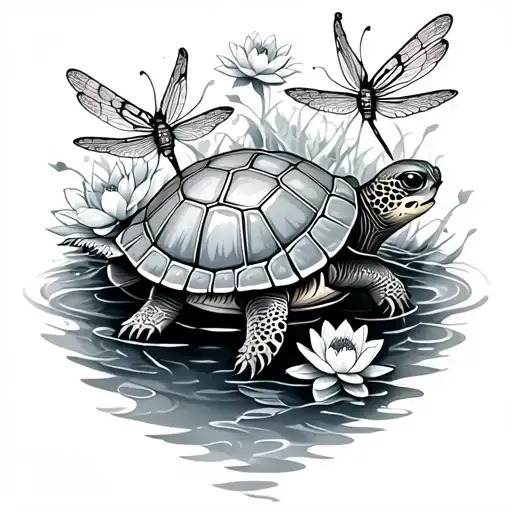 A Black-grey Tattoo Of A Turtle Surrounded By Dragonflies And Water Lilies