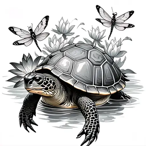 A Black-grey Tattoo Of A Turtle Surrounded By Dragonflies And Water Lilies