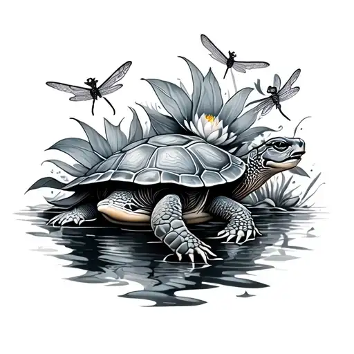 A Black-grey Tattoo Of A Turtle Surrounded By Dragonflies And Water Lilies