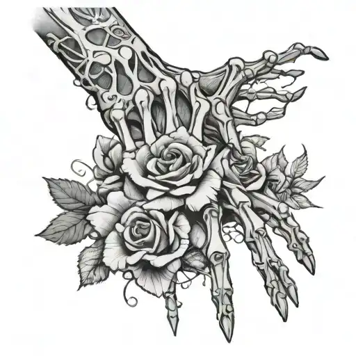 Skeleton Hand With Bones Being Held Together By Spiderwebs With Roses In The Background