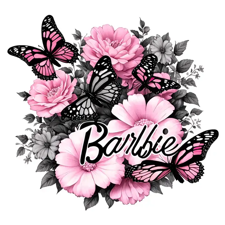 Flowers With Pink Butterflies Around Barbie Logo Intertwined