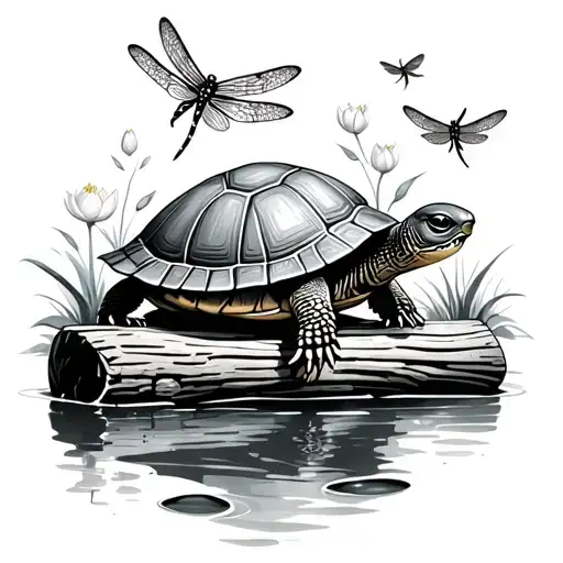 Realistic Turtle Sitting On A Log Watching Dragonflies Flying With Water Lilly Border
