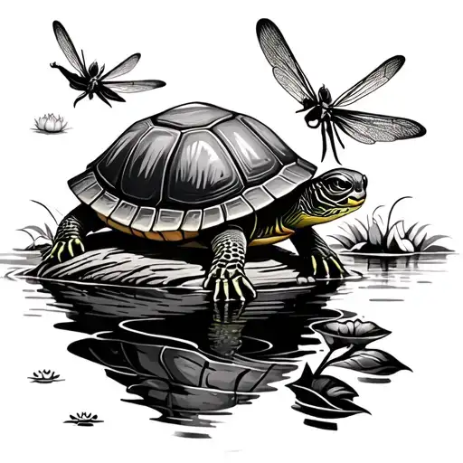 Realistic Turtle Sitting On A Log Watching Dragonflies Flying With Water Lilly Border