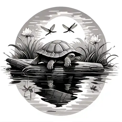 Realistic Turtle Sitting On A Log Watching Dragonflies Flying With Water Lilly Border