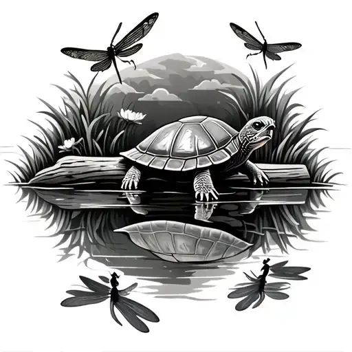 Realistic Turtle Sitting On A Log Watching Dragonflies Flying With Water Lilly Border