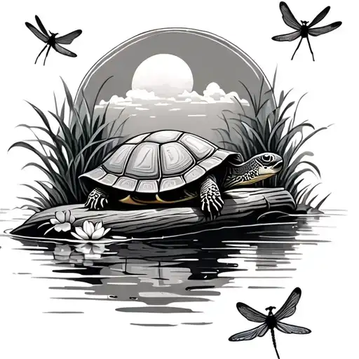 Realistic Turtle Sitting On A Log Watching Dragonflies Flying With Water Lilly Border