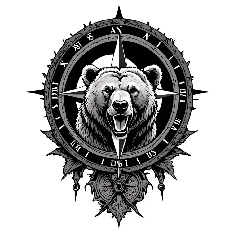 Compass Design With A Bear And A Moon Inside