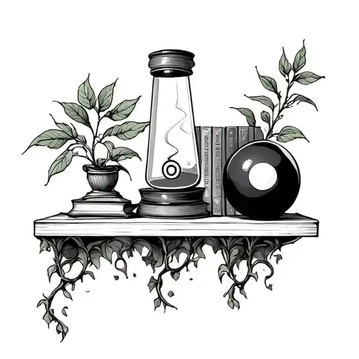 Book Shelf Holding Lava Lamp And Magic 8 Ball And A Vine Plant Drapping Over Edge
