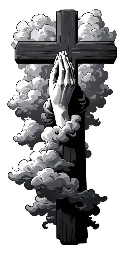 Cross With Praying Hands With Clouds Surrounding