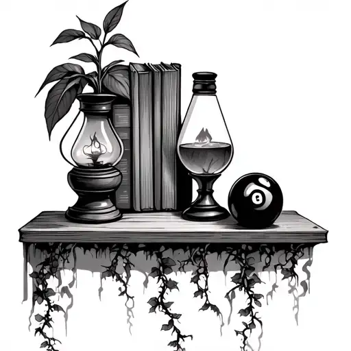 Book Shelf Holding Lava Lamp And Magic 8 Ball And A Plant With Vines Drapping Over Edge